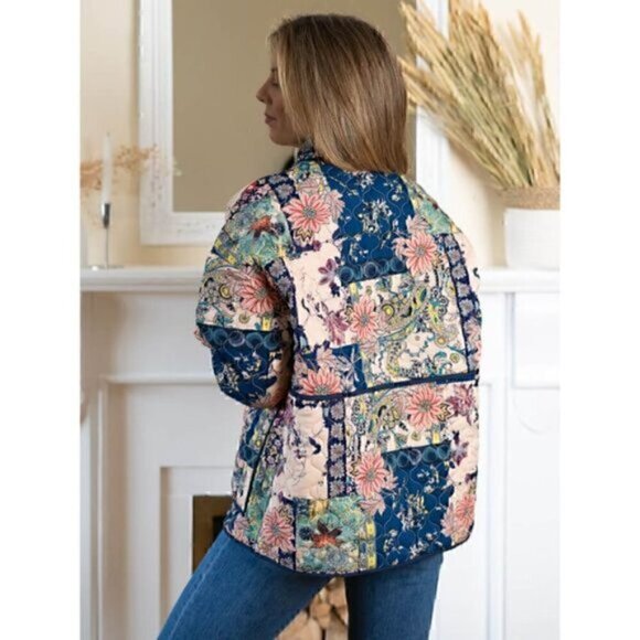 Blue Quilted Jacket Patchwork Winter Floral Grannycore Cottagecore Coat L - Picture 4 of 16